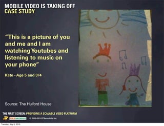 MOBILE VIDEO IS TAKING OFF
   CASE STUDY



    “This is a picture of you
    and me and I am
    watching Youtubes and
    listening to music on
    your phone”
    Kate - Age 5 and 3/4




    Source: The Hulford House

 THE FIRST SCREEN: PROVIDING A SCALABLE VIDEO PLATFORM
                                                    © 2005-2010 Filemobile Inc
            Fiem obie Logo w /tuck | FM _Logo_tuck.
              l    l          r               r   eps


Tuesday, July 6, 2010
 