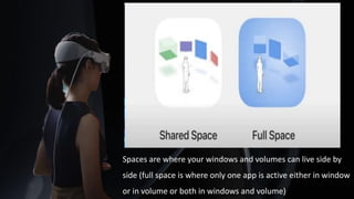 Spaces are where your windows and volumes can live side by
side (full space is where only one app is active either in window
or in volume or both in windows and volume)
 