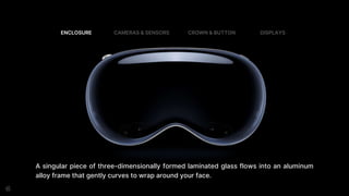 A singular piece of three-dimensionally formed laminated glass flows into an aluminum
alloy frame that gently curves to wrap around your face.
ENCLOSURE CAMERAS & SENSORS CROWN & BUTTON DISPLAYS
 