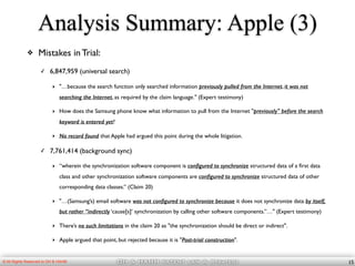 OH & HAHM patent law & Strategy© All Rights Reserved to OH & HAHM
Analysis Summary: Apple (3)
❖ Mistakes in Trial:
✓ 6,847,959 (universal search)
‣ "…because the search function only searched information previously pulled from the Internet, it was not
searching the Internet, as required by the claim language." (Expert testimony)
‣ How does the Samsung phone know what information to pull from the Internet "previously" before the search
keyword is entered yet?
‣ No record found that Apple had argued this point during the whole litigation.
✓ 7,761,414 (background sync)
‣ “wherein the synchronization software component is conﬁgured to synchronize structured data of a ﬁrst data
class and other synchronization software components are conﬁgured to synchronize structured data of other
corresponding data classes.” (Claim 20)
‣ "…(Samsung’s) email software was not conﬁgured to synchronize because it does not synchronize data by itself,
but rather “indirectly ‘cause[s]’ synchronization by calling other software components.”…" (Expert testimony)
‣ There’s no such limitations in the claim 20 as "the synchronization should be direct or indirect".
‣ Apple argued that point, but rejected because it is "Post-trial construction".
15
 