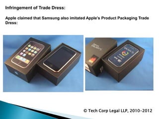 Infringement of Trade Dress:
Apple claimed that Samsung also imitated Apple’s Product Packaging Trade
Dress:
© Tech Corp Legal LLP, 2010-2012
 