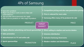 4Ps of Samsung
 Innovative products
 High tech producer such as micro-chips and
semiconductors
 Also provides micro-processors for Apple
 Offers diverse products or wide range of products
PRODUCT
 Competitive pricing and also uses penetrative pricing
 Price is reduced for more sales
 Samsung offers many of its products for sale
PRICE
 Highly effective advertising and brand sponsorships
 Sales promotion
 Advertisement on TV and online ads
 Sports sponsorships
PROMOTION
 Direct selling to retailers and service dealers
 Intensive distribution
 Exclusive Samsung showrooms
 Modern retailers and distributors
PLACE
TARGET
MARKET
 