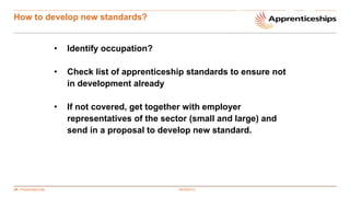 20 | Presentation title
How to develop new standards?
• Identify occupation?
• Check list of apprenticeship standards to ensure not
in development already
• If not covered, get together with employer
representatives of the sector (small and large) and
send in a proposal to develop new standard.
00/00/2013
 