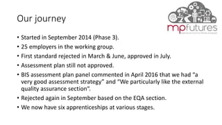 Our journey
• Started in September 2014 (Phase 3).
• 25 employers in the working group.
• First standard rejected in March & June, approved in July.
• Assessment plan still not approved.
• BIS assessment plan panel commented in April 2016 that we had “a
very good assessment strategy” and “We particularly like the external
quality assurance section“.
• Rejected again in September based on the EQA section.
• We now have six apprenticeships at various stages.
 