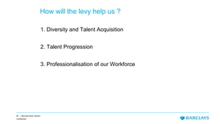 90 | Barclays Early Careers
Confidential
How will the levy help us ?
1. Diversity and Talent Acquisition
2. Talent Progression
3. Professionalisation of our Workforce
 