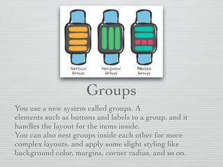 Groups
You use a new system called groups. A
elements such as buttons and labels to a group, and it
handles the layout for the items inside.
You can also nest groups inside each other for more
complex layouts, and apply some slight styling like
background color, margins, corner radius, and so on.
 