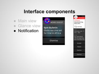 Interface components
● Main view
● Glance view
● Notification
 
