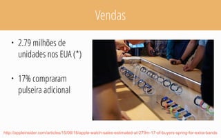 Vendas
• 2.79 milhões de
unidades nos EUA (*)
• 17% compraram
pulseira adicional
http://appleinsider.com/articles/15/06/18/apple-watch-sales-estimated-at-279m-17-of-buyers-spring-for-extra-bands
 