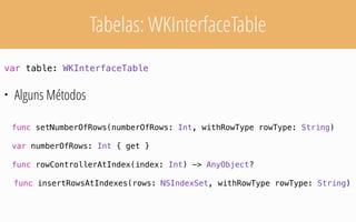 Tabelas: WKInterfaceTable
var table: WKInterfaceTable
• Alguns Métodos
func setNumberOfRows(numberOfRows: Int, withRowType rowType: String)
var numberOfRows: Int { get }
func rowControllerAtIndex(index: Int) -> AnyObject?
func insertRowsAtIndexes(rows: NSIndexSet, withRowType rowType: String)
 