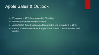 Apple Sales & Outlook
 Pre-orders in 2015 have exceeded 2.3 million
 957,000 pre-orders on first day alone
 Apple Watch 2.0 will be launched towards the end of quarter 3 in 2016
 Launch of new MacBook Air & Apple Watch 2.0 will coincide with Q4 2016
results
 