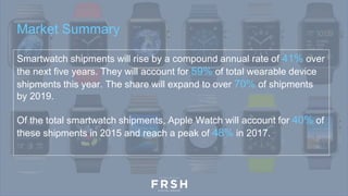 Market Summary
Smartwatch shipments will rise by a compound annual rate of 41% over
the next five years. They will account for 59% of total wearable device
shipments this year. The share will expand to over 70% of shipments
by 2019.
Of the total smartwatch shipments, Apple Watch will account for 40% of
these shipments in 2015 and reach a peak of 48% in 2017.
 