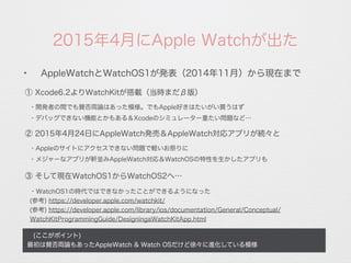 2015年4月にApple Watchが出た
 (ここがポイント)
最初は賛否両論もあったAppleWatch & Watch OSだけど徐々に進化している模様
✦
AppleWatchとWatchOS1が発表（2014年11月）から現在まで
① Xcode6.2よりWatchKitが搭載（当時まだβ版）
・開発者の間でも賛否両論はあった模様。でもApple好きはたいがい買うはず
② 2015年4月24日にAppleWatch発売＆AppleWatch対応アプリが続々と
・デバッグできない機能とかもある＆Xcodeのシミュレーター重たい問題など…
・Appleのサイトにアクセスできない問題で軽いお祭りに
・メジャーなアプリが軒並みAppleWatch対応＆WatchOSの特性を生かしたアプリも
③ そして現在WatchOS1からWatchOS2へ…
・WatchOS1の時代ではできなかったことができるようになった
(参考) https://developer.apple.com/watchkit/
(参考) https://developer.apple.com/library/ios/documentation/General/Conceptual/
WatchKitProgrammingGuide/DesigningaWatchKitApp.html
 