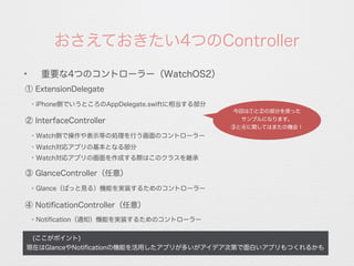 おさえておきたい4つのController
 (ここがポイント)
現在はGlanceやNotiﬁcationの機能を活用したアプリが多いがアイデア次第で面白いアプリもつくれるかも
✦
重要な4つのコントローラー（WatchOS2）
① ExtensionDelegate
・iPhone側でいうところのAppDelegate.swiftに相当する部分
③ GlanceController（任意）
・Glance（ぱっと見る）機能を実装するためのコントローラー
④ NotiﬁcationController（任意）
② InterfaceController
・Notiﬁcation（通知）機能を実装するためのコントローラー
・Watch側で操作や表示等の処理を行う画面のコントローラー
・Watch対応アプリの基本となる部分
・Watch対応アプリの画面を作成する際はこのクラスを継承
今回は①と②の部分を使った
サンプルになります。
③と④に関してはまたの機会！
 