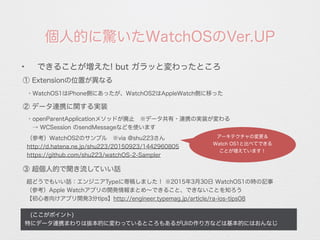 個人的に驚いたWatchOSのVer.UP
 (ここがポイント)
特にデータ連携まわりは抜本的に変わっているところもあるがUIの作り方などは基本的にはおんなじ
✦
できることが増えた! but ガラッと変わったところ
① Extensionの位置が異なる
・WatchOS1はiPhone側にあったが、WatchOS2はAppleWatch側に移った
② データ連携に関する実装
・openParentApplicationメソッドが廃止 ※データ共有・連携の実装が変わる
 → WCSession のsendMessageなどを使います
（参考）WatchOS2のサンプル ※via @shu223さん
http://d.hatena.ne.jp/shu223/20150923/1442960805
https://github.com/shu223/watchOS-2-Sampler
③ 超個人的で聞き流していい話
超どうでもいい話：エンジニアTypeに寄稿しました！ ※2015年3月30日 WatchOS1の時の記事
（参考）Apple Watchアプリの開発情報まとめ∼できること、できないことを知ろう
【初心者向けアプリ開発3分tips】http://engineer.typemag.jp/article/ra-ios-tips08
アーキテクチャの変更＆
Watch OS1と比べてできる
ことが増えています！
 