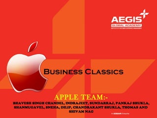 Business Classics


                 APPLE TEAM:-
BHAVESH SINGH CHANDEL, INDRAJEET, SUNDARRAJ, PANKAJ SHUKLA,
SHANMUGAVEL, SNEHA, DILIP, CHANDRAKANT SHUKLA, THOMAS AND
                         SHIVAM NAG
 