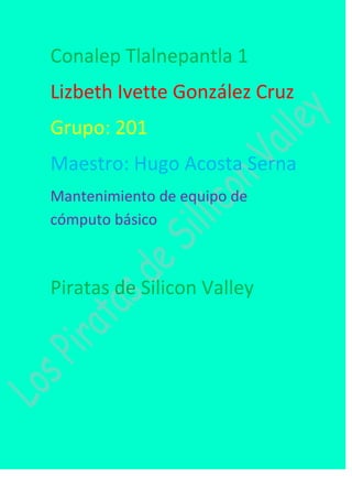 Conalep Tlalnepantla 1
Lizbeth Ivette González Cruz
Grupo: 201
Maestro: Hugo Acosta Serna
Mantenimiento de equipo de
cómputo básico

Piratas de Silicon Valley

 