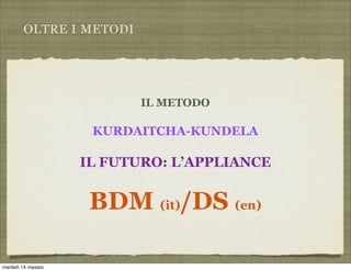 OLTRE I METODI
IL METODO
KURDAITCHA-KUNDELA
IL FUTURO: L’APPLIANCE
BDM (it)/DS (en)
martedì 14 maggio
 