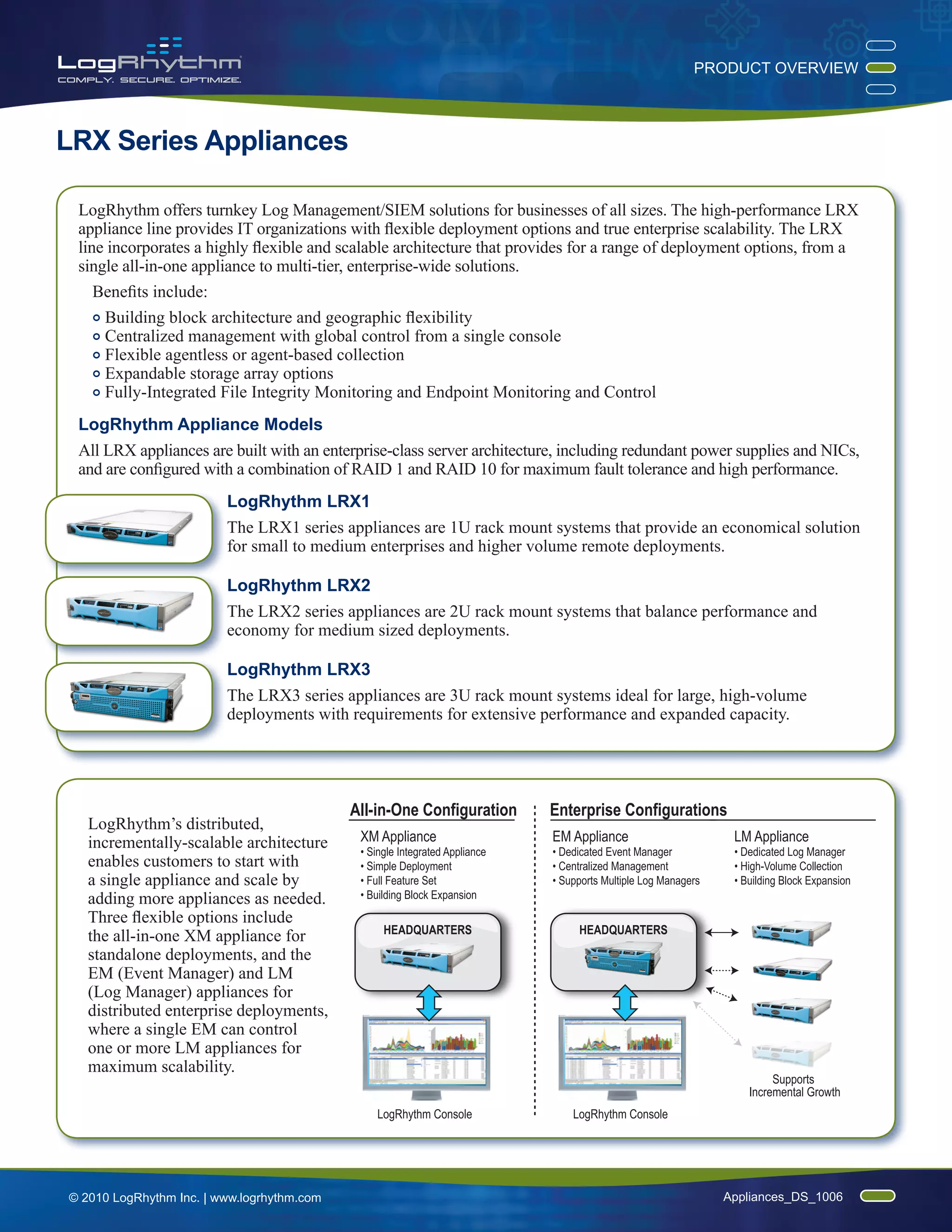 PRODUCT OVERVIEW



LRX Series Appliances

 LogRhythm offers turnkey Log Management/SIEM solutions for businesses of all sizes. The high-performance LRX
 appliance line provides IT organizations with flexible deployment options and true enterprise scalability. The LRX
 line incorporates a highly flexible and scalable architecture that provides for a range of deployment options, from a
 single all-in-one appliance to multi-tier, enterprise-wide solutions.
    Benefits include:
    ¢ Building block architecture and geographic flexibility

    ¢ Centralized management with global control from a single console

    ¢ Flexible agentless or agent-based collection

    ¢ Expandable storage array options

    ¢ Fully-Integrated File Integrity Monitoring and Endpoint Monitoring and Control


 LogRhythm Appliance Models
 All LRX appliances are built with an enterprise-class server architecture, including redundant power supplies and NICs,
 and are configured with a combination of RAID 1 and RAID 10 for maximum fault tolerance and high performance.
                         LogRhythm LRX1
                         The LRX1 series appliances are 1U rack mount systems that provide an economical solution
                         for small to medium enterprises and higher volume remote deployments.

                         LogRhythm LRX2
                         The LRX2 series appliances are 2U rack mount systems that balance performance and
                         economy for medium sized deployments.

                         LogRhythm LRX3
                         The LRX3 series appliances are 3U rack mount systems ideal for large, high-volume
                         deployments with requirements for extensive performance and expanded capacity.




                                            All-in-One Configuration         Enterprise Configurations
   LogRhythm’s distributed,
   incrementally-scalable architecture       XM Appliance                    EM Appliance                        LM Appliance
                                             • Single Integrated Appliance   • Dedicated Event Manager           • Dedicated Log Manager
   enables customers to start with           • Simple Deployment             • Centralized Management            • High-Volume Collection
   a single appliance and scale by           • Full Feature Set              • Supports Multiple Log Managers    • Building Block Expansion
   adding more appliances as needed.         • Building Block Expansion
   Three flexible options include
                                                  HEADQUARTERS                    HEADQUARTERS
   the all-in-one XM appliance for
   standalone deployments, and the
   EM (Event Manager) and LM
   (Log Manager) appliances for
   distributed enterprise deployments,
   where a single EM can control
   one or more LM appliances for
   maximum scalability.
                                                                                                                         Supports
                                                                                                                    Incremental Growth
                                                LogRhythm Console                LogRhythm Console




© 2010 LogRhythm Inc. | www.logrhythm.com                                                                       Appliances_DS_1006
 