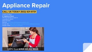 Appliance Repair
Contact Us Now!
A+ Appliance Repair
4119 Glenhill Manor Suite 12
Louisville,KY.40272
(502) 631-9731
Website: http://www.aratedappliancerepair.com
Google Site: https://sites.google.com/site/localsmallappliancerepair/
Google Folder: https://goo.gl/Ft8qkU
CALL US TODAY (502) 631-9731
 