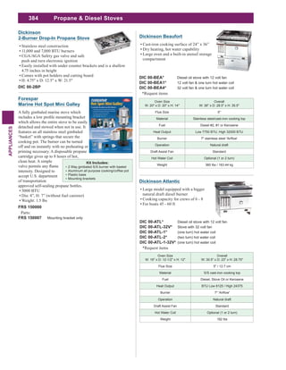 384
APPLIANCES
Propane & Diesel Stoves
Oven Size
W: 16" x D: 12-1/2" x H: 12"
Overall
W: 30.5" x D: 23" x H: 28.75"
Flue Size 5" / 12.7 cm
Material S/S cast-iron cooking top
Fuel Diesel, Stove Oil or Kerosene
Heat Output BTU Low 8125 / High 24375
Burner
Operation Natural draft
Draft Assist Fan Standard
Hot Water Coil Optional (1 or 2 turn)
Weight 182 lbs
Dickinson Atlantic
Large model equipped with a bigger
natural draft diesel burner
Cooking capacity for crews of 6 - 8
For boats 45 - 60 ft
DIC 00-ATL* Diesel oil stove with 12 volt fan
DIC 00-ATL-32V* Stove with 32 volt fan
DIC 00-ATL-1* (one turn) hot water coil
DIC 00-ATL-2* (two turn) hot water coil
DIC 00-ATL-1-32V* (one turn) hot water coil
*Request items
DIC 00-BEA* Diesel oil stove with 12 volt fan
DIC 00-BEA1* 12 volt fan & one turn hot water coil
DIC 00-BEA4* 32 volt fan & one turn hot water coil
*Request items
Oven Size
W: 20" x D: 20" x H: 14"
Overall
W: 36" x D: 28.5" x H: 35.5"
Flue Size 5"
Material Stainless steel/cast-iron cooking top
Fuel Diesel #2, #1 or Kerosene
Heat Output Low 7750 BTU, High 32000 BTU
Burner
Operation Natural draft
Draft Assist Fan Standard
Hot Water Coil Optional (1 or 2 turn)
Weight 360 lbs / 163.44 kg
Dickinson Beaufort
Cast-iron cooking surface of 24” x 36”
Dry heating, hot water capability
Large oven and a built-in utensil storage
compartment
Dickinson
2-Burner Drop-In Propane Stove
Stainless steel construction
11,000 and 7,000 BTU burners
CGA/AGA Safety gas valve and safe
push and turn electronic ignition
Easily installed with under counter brackets and is a shallow
4.75 inches in height
Comes with pot holders and cutting board
H: 4.75" x D: 12.5" x W: 21.5"
DIC 00-2BP
Forespar
Marine Hot Spot Mini Galley
A fully gimbaled marine stove which
which allows the entire stove to be easily
detached and stowed when not in use. It
features an all stainless steel gimbaled
“basket” with springs that secure the
cooking pot. The burner can be turned
off and on instantly with no preheating or
priming necessary. A disposable propane
cartridge gives up to 8 hours of hot,
clean heat. A simple
intensity. Designed to
accept U.S. department
of transportation
approved self-sealing propane bottles.
5000 BTU
Dia: 8”, H: 7” (without fuel canister)
Weight: 1.5 lbs
FRS 150000
Parts:
FRS 150007 Mounting bracket only
Kit Includes:
2 Way gimbaled S/S burner with basket
Aluminum all purpose cooking/coffee pot
Plastic base
Mounting brackets
 