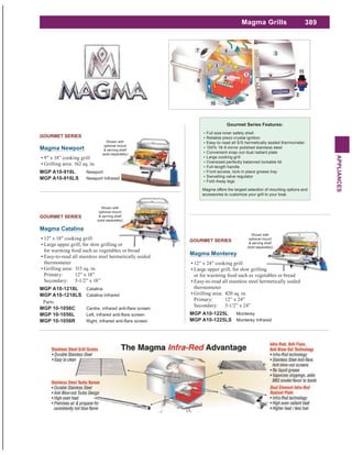 389
APPLIANCES
Magma Grills
Gourmet Series Features:
Full size inner safety shell
Reliable piezo crystal ignition
Easy-to-read all S/S hermetically sealed thermometer
100% 18-9 mirror polished stainless steel
Convenient snap-out dual radiant plate
Large cooking grill
Oversized perfectly balanced lockable lid
Full-length handle
Front access, lock-in place grease tray
Swivelling valve regulator
Fold-Away legs
Magma offers the largest selection of mounting options and
accessories to customize your grill to your boat.
Magma Catalina
12" x 18" cooking grill
Large upper grill, for slow grilling or
for warming food such as vegetables or bread
Easy-to-read all stainless steel hermetically sealed
thermometer
Grilling area: 315 sq. in.
Primary: 12” x 18”
Secondary: 5-1/2” x 18”
MGP A10-1218L Catalina
MGP A10-1218LS Catalina Infrared
Parts:
MGP 10-1056C
MGP 10-1056L
MGP 10-1056R
GOURMET SERIES
Shown with
optional mount
& serving shelf
(sold separately)
Magma Monterey
12” x 24” cooking grill
Large upper grill, for slow grilling
or for warming food such as vegetables or bread
Easy-to-read all stainless steel hermetically sealed
thermometer
Grilling area: 420 sq. in.
Primary: 12” x 24”
Secondary: 5-1/2” x 24”
MGP A10-1225L Monterey
MGP A10-1225LS Monterey Infrared
Shown with
optional mount
& serving shelf
(sold separately)
GOURMET SERIES
Shown with
optional mount
& serving shelf
(sold separately)
Magma Newport
9” x 18” cooking grill
Grilling area: 162 sq. in.
MGP A10-918L Newport
MGP A10-918LS Newport Infrared
GOURMET SERIES
 