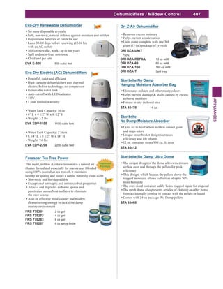 407
APPLIANCES
Dehumidifiers / Mildew Control
Star brite No Damp Ultra Dome
The unique design of the dome allows maximum
This design, which locates the pellets above the
trapped moisture, allows collection of up to 50%
more humidity
The over-sized container safely holds trapped liquid for disposal
The mesh dome also prevents articles of clothing or other items
from accidentally coming in contact with the pellets or liquid
Comes with 24 oz package No Damp pellets
STA 85460
Star brite
No Damp Moisture Absorber
Dries air to level where mildew cannot grow
and stops odors
Unique inner basket design increases
12 oz. container treats 900 cu. ft. area
STA 85412
Star brite No Damp
Hanging Moisture Absorber Bag
Eliminates mildew and other musty odours
Helps prevent damage & stains caused by excess
airborne moisture
For use in any inclosed area
STA 85470 14 oz
No more disposable crystals
Safe, non-toxic, natural defense against moisture and mildew
Requires no batteries or cords for use
Lasts 30-60 days before renewing (12-16 hrs
with an AC outlet)
100% renewable, works up to ten years
Child and pet safe
EVA E-500 500 cubic feet
Removable water tank
Auto cut-off with LED indicator
110V
1 year limited warranty
Water Tank Capacity: 16 oz
6” L x 4 1/2” W x 8 /12” H
Weight: 3.5 lbs
EVA EDV-1100 1100 cubic feet
Water Tank Capacity: 2 liters
6 3/4” L x 8 1/2” W x 14” H
Weight: 7.6 lbs
EVA EDV-2200 2200 cubic feet
Removes excess moisture
Helps prevent condensation
Units come complete with one 368
gram (13 oz.) package of crystals
DRI DZA-UNIT
Parts:
DRI DZA-REFILL
DRI DZA-60
DRI DZA-160
DRI DZA-T Spill tray
Forespar Tea Tree Power
This mold, mildew & odor eliminator is a natural air
cleaner formulated especially for marine use. Blended
using 100% Australian tea tree oil, it maintains
healthy air quality and leaves a subtle, naturally clean scent.
Non-toxic and bio-degradable
Exceptional antiseptic and antimicrobial properties
Attacks and degrades airborne spores and
penetrates porous boat surfaces to eliminate
the odor source
Also an effective mold cleaner and mildew
cleaner strong enough to tackle the damp
marine environment
FRS 770201 2 oz gel
FRS 770202 4 oz gel
FRS 770203 8 oz gel
FRS 770207 8 oz spray bottle
Improved
Formula
 