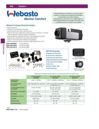 408
APPLIANCES
Heaters
Webasto Hi Output Diesel Air Heaters
Quiet operation
Fresh-air or recirculated air-intake
Sealed control electronics and connectors
Precise electronic temperature control system to maintain a constant
cabin temperature through stepless modulation
Continuous heat output provides the exact temperature desired
Very low electrical power and fuel consumption
Robust composite casing, resistant to high temperature or salt
WEB 5000699C Air Top 2000 ST
WEB 5001450A Air Top Evo 3900
WEB 5001461A Air Top Evo 5500
Air Top 2000 ST
5000699D
Air Top Evo 3900
5001450A
Air Top Evo 5500
5001461A
Heater Output
PLUS Mode
3,000 – 7,000 Btu 5,100 – 12,000 Btu 13,3000 Btu 5,100 – 17,000 Btu 18,700 Btu
Fuel Consumption
PLUS Mode
0.03 - 0.06 g/h (0.12 – 0.24 l/h) 0.04 – 0.11 g/h (0.17 – 0.42 l/h)
0.12 g/h (0.47 l/h )
0.04 – 0.15 g/h (0.17 – 0.60 l/h )
0.17 g/h (0.66 l/h)
Air Flow (against 0.5 bar)
PLUS Mode
46 cfm (78 m3/h) 82.4 cfm (140 m3/h)
91 cfm (155 m3/h)
117.7 cfm (200 m3/h)
129.4 cfm (220 m3/h)
Rated Power Consumption 14 – 29 W 15 – 40 W 15 – 95 W
Net Weight 5.7 lbs (2.58 kg) 13 lbs (5.9 kg) 13 lbs (5.9 kg)
Dimensions (L x W x H) 12.5" x 4.78" x 4.84" 16.65" x 5.83" x 6.38" 16.65" x 5.83" x 6.38"
Controller SMAR Temp Evo M Controller Evo M Controller
Sailboat Sizing 22' - 28' 28' - 34' 35' - 38'
Powerboat Sizing 20' - 24' 24' - 30' 30' - 34'
Webasto Marine Air Heaters provide a better
solution to boaters who require the ultimate in
compartment and cabin heating.
Operating up to 20 hours on a single gallon of
fuel, Webasto Marine Air Heaters are quiet and
a powerful source of heat on any vessel.
Webasto Air Heaters listed below are all-inclusive DIY Air Heater kits.
Evo M Controller
w/Air Top Evo 3900 & 5500
Parts:
WEB 50487171A
SMAR Temp Controller
w/Air Top 2000 ST
 