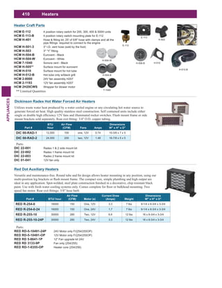410
APPLIANCES
Heaters
Dickinson Radex Hot Water Forced Air Heaters
Utilizes waste water heat produced by a water cooled engine or any circulating hot water source to
generate forced air heat. High quality stainless steel construction. Self contained units include either
Part #
BTU
Hour
Air Flow
(CFM) Fans Amps
Dimensions
W" x H" x D"
DIC 00-RAD-1 12,000 100 one, 12V 0.74 10-3/8 x 7 x 5
DIC 00-RAD-2 24,000 200 two, 12V 1.48 16-7/8 x 5 x 5
Parts:
DIC 22-001 Radex 1 & 2 side mount kit
DIC 22-002 Radex 1 frame mount kit
DIC 22-003 Radex 2 frame mount kit
DIC 01-041 12V fan only
Red Dot Auxiliary Heaters
Part # BTU/ hour
Air Flow
(CFM) Motor (s)
Current Draw
(Amps) Weight
Dimensions
W" x H" x D"
RED R-254-0 16000 150 One, 12V 3.3 7 lbs 9-1/4 x 6-3/4 x 3-3/4
RED R-254-0-24 16000 150 One, 24V 1.7 7 lbs 9-1/4 x 6-3/4 x 3-3/4
RED R-255-10 30000 280 Two, 12V 6.6 12 lbs 16 x 6-3/4 x 3-3/4
RED R-255-10-24P 30000 280 Two, 24V 3.3 12 lbs 16 x 6-3/4 x 3-3/4
Parts:
RED RD-5-10491-24P 24V Motor only F/(254/255OP)
RED RD-5-10491-OP 12V Motor only F/(254/255OP)
RED RD 5-8641-1P 12" Fan upgrade kit 24V
RED RD 3133-9P Fan only (254/255)
RED RD-1-0355-OP Heater core (254/256)
Heater Craft Parts
HCM E-112 4 position rotary switch for 200, 300, 400 & 500H units
HCM E-113-B 4 position rotary switch mounting plate for E-112
HCM H-401
HCM H-501-3 3" I.D. vent hose (sold by the foot)
HCM H-503
HCM H-504-B Eurovent - Black
HCM H-504-W Eurovent - White
HCM 7-1040 Sonora vent - Black
HCM H-505** Surface mount for eurovent
HCM H-510 Surface mount for hot tube
HCM H-512-B Hot tube only w/black grill
HCM 2-8000 24V fan assembly H207
HCM 2-1193 12V fan assembly H207
HCM 2H20CWS Wrapper for blower motor
** Limitied Quantities
H-512-B
H-506-B H-510
H-503
E-113
E-112
H-504-W
H-504-B
7-1040
 