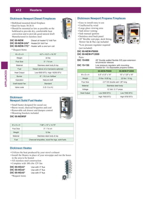 412
APPLIANCES
Heaters
Dickinson Heatex
Utilizes the heat produced by your stove's exhaust
Install the Heatex in place of your stovepipe and run the hoses
to the area to be heated
All stainless steel construction
Complete with 100 cfm 12V fan
DIC 00-HEA3*
DIC 00-HEA4*
DIC 00-HEA5*
*Request items
00-NEW-P9000 00-NEW-P12000
W x D x H 8.5" x 5.5" x 14" 10" x 7.25" x 16"
Weight 15 lbs / 6.82 kg 22 lbs / 10 kg
Flue Size 2.5" OD double wall / 28" long
Material Stainless steel body
Voltage 12 Volt / 0.17 amps
Heat Output Low 5500 BTU Low 7000 BTU
High 7500 BTU High 9700 BTU
Dickinson Newport Propane Fireplaces
Easy to install-easy to use
Unaffected by wind
Large glass viewing area
Safe direct venting
Safe manual ignition
Stainless steel back panel
*Low pressure regulator required
(not included)
DIC 00-NEW-P9000
DIC 00-NEW-P12000
Parts:
DIC 19-000
w/connector sleeves
DIC 19-150 Low pressure regulator with mounting
bracket for 1 lb disposable propane bottles
W x D x H 8.5" x 10.5" x 19.75"
Weight 22 lbs
Flue Size 3" / 7.6 cm
Material Stainless steel body & top
Fuel Diesel (stove oil or kerosene optional)
Heat Output Low 6500 BTU, High 16250 BTU
Burner
Operation Natural draft
Draft Assist Fan Standard
Valve code 3 (D, S or K)
Dickinson Newport Diesel Fireplaces
Ideal for boats 30-36 ft
Should be mounted as low as possible on the
bulkhead to provide dry, comfortable heat
convection and to provide good natural draft
Manufactured in stainless steel
DIC 00-NEW Diesel oil heater/12 Volt Fan
DIC 00-NEW-24V* Heater/24 Volt Fan
DIC 00-NEW-1TC* Heater with a one turn coil
* Request Items
W x D x H 7.88" x 10" x 14.75"
Flue Size 3" / 7.6 cm
Weight 12 lbs
Material Stainless steel body & top
Fuel
Dickinson
Newport Solid Fuel Heater
Small heater designed for casual use
Burns wood, charcoal briquettes and coal
Removable ash drawer and damper control
Mounting brackets included
DIC 00-NEWSF
 