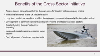15
Benefits of the Cross Sector Initiative
• Access to next generation offerings through cross-fertilisation between supply chains
• Increased resilience in the UK Industrial base
• Long term trusted partnerships enabled through open communication and effective collaboration
• Development of common standards and open systems architectures across sectors
• Greater funding through “collective
financing”
• Increased market awareness across target
sectors
• Early alignment of end-user requirements
 