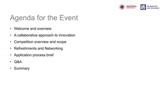 Agenda for the Event
• Welcome and overview
• A collaborative approach to innovation
• Competition overview and scope
• Refreshments and Networking
• Application process brief
• Q&A
• Summary
 