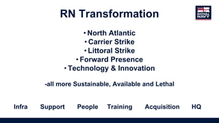 • North Atlantic
• Carrier Strike
• Littoral Strike
• Forward Presence
• Technology & Innovation
-all more Sustainable, Available and Lethal
Infra Support People Training Acquisition HQ
RN Transformation
 