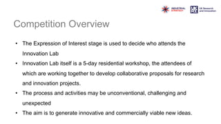 Competition Overview
• The Expression of Interest stage is used to decide who attends the
Innovation Lab
• Innovation Lab itself is a 5-day residential workshop, the attendees of
which are working together to develop collaborative proposals for research
and innovation projects.
• The process and activities may be unconventional, challenging and
unexpected
• The aim is to generate innovative and commercially viable new ideas.
 