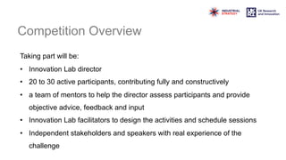 Competition Overview
Taking part will be:
• Innovation Lab director
• 20 to 30 active participants, contributing fully and constructively
• a team of mentors to help the director assess participants and provide
objective advice, feedback and input
• Innovation Lab facilitators to design the activities and schedule sessions
• Independent stakeholders and speakers with real experience of the
challenge
 