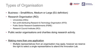 Types of Organisation
• Business – Small/Micro, Medium or Large (EU definition)
• Research Organisation (RO):
• Universities (HEIs)
• Non profit distributing Research & Technology Organisation (RTO)
• Public Sector Research Establishments (PSRE)
• Research Council Institutes (RCI)
• Public sector organisations and charities doing research activity.
• Making more than one application
• Multiple representatives from an organisation may apply, however we reserve
the right to select a single representative to attend the Innovation Lab.
 