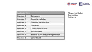 Application form
Question 1 Background
Question 2 Subject knowledge
Question 3 Expertise and Interests
Question 4 Teamwork
Question 5 Communication skills
Question 6 Innovation lab
Question 7 Benefits to you and your organisation
Question 8 Commitment
Please refer to the
Competition
Guidance
 