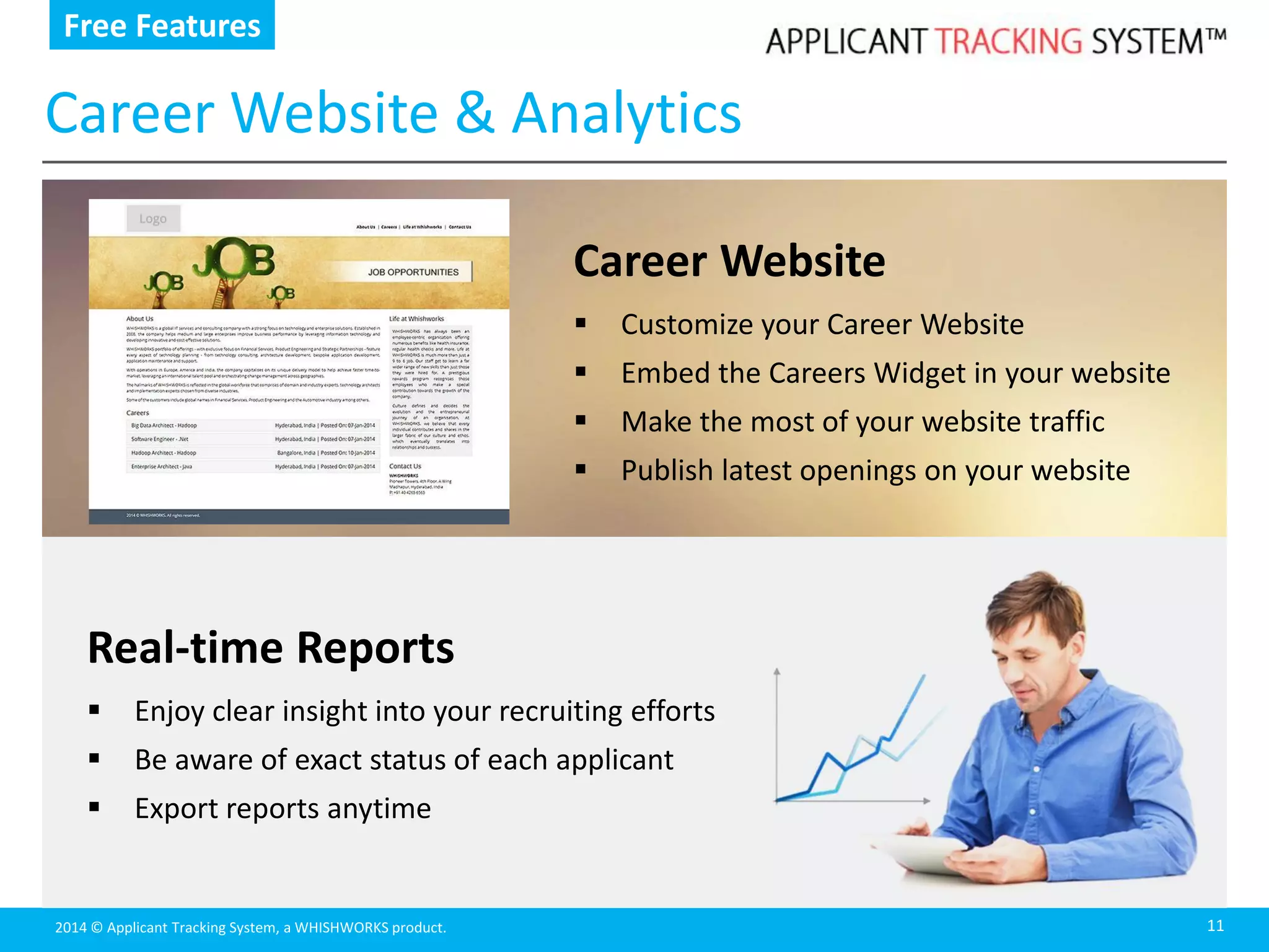 2014 © Applicant Tracking System, a WHISHWORKS product.
Career Website & Analytics
11
Real-time Reports
 Enjoy clear insight into your recruiting efforts
 Be aware of exact status of each applicant
 Export reports anytime
Career Website
 Customize your Career Website
 Embed the Careers Widget in your website
 Make the most of your website traffic
 Publish latest openings on your website
Free Features
 