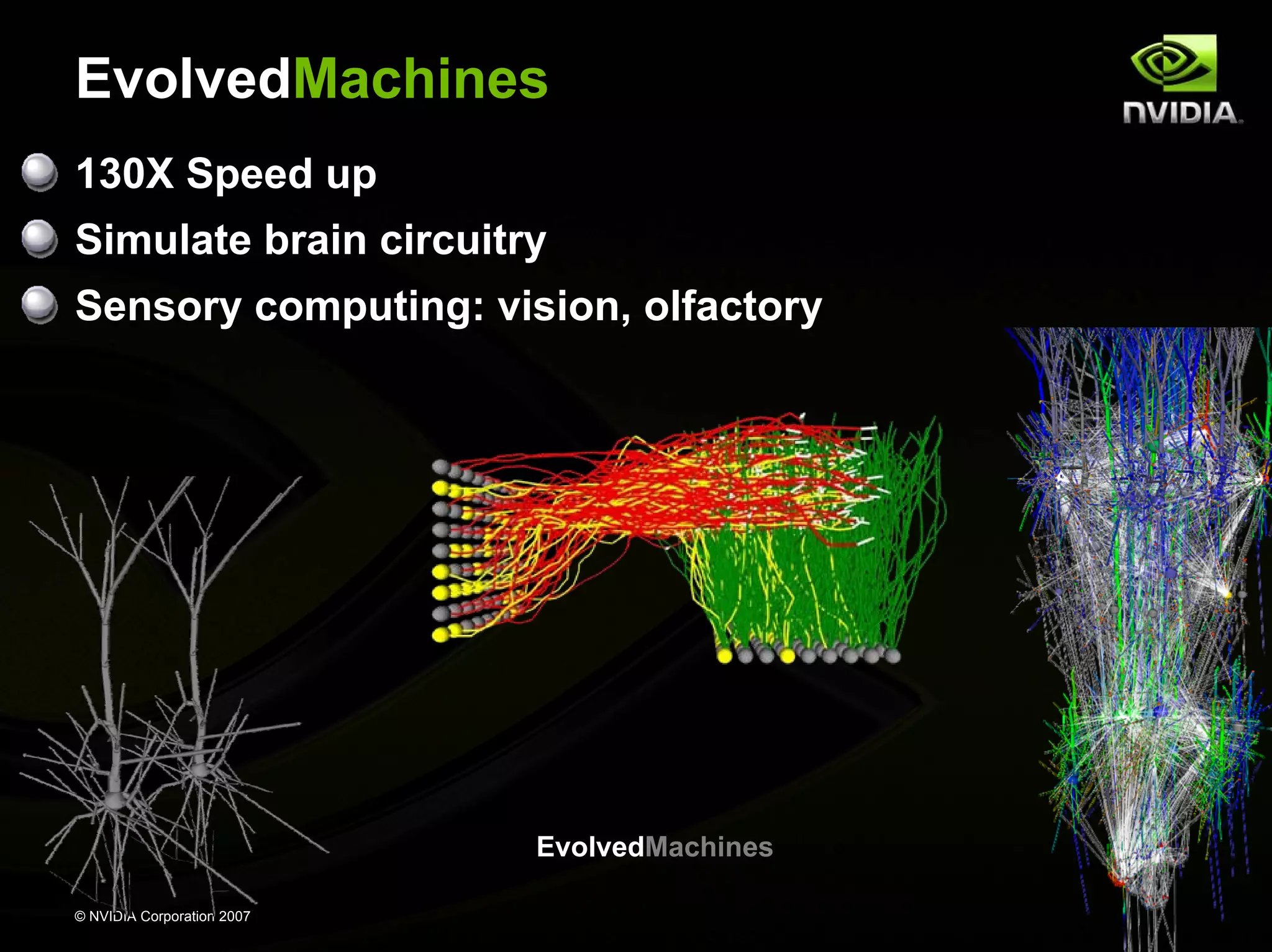 EvolvedMachines 130X Speed up Simulate brain circuitry Sensory computing: vision, olfactory EvolvedMachines © NVIDIA Corporation 2007 