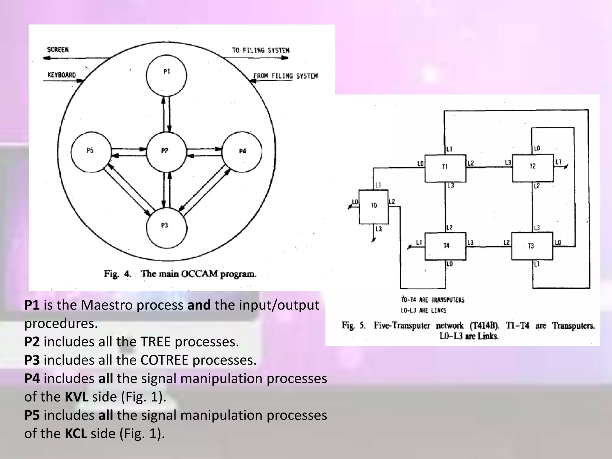 P1 is the Maestro process and the input/output
procedures.
P2 includes all the TREE processes.
P3 includes all the COTREE processes.
P4 includes all the signal manipulation processes
of the KVL side (Fig. 1).
P5 includes all the signal manipulation processes
of the KCL side (Fig. 1).
 
