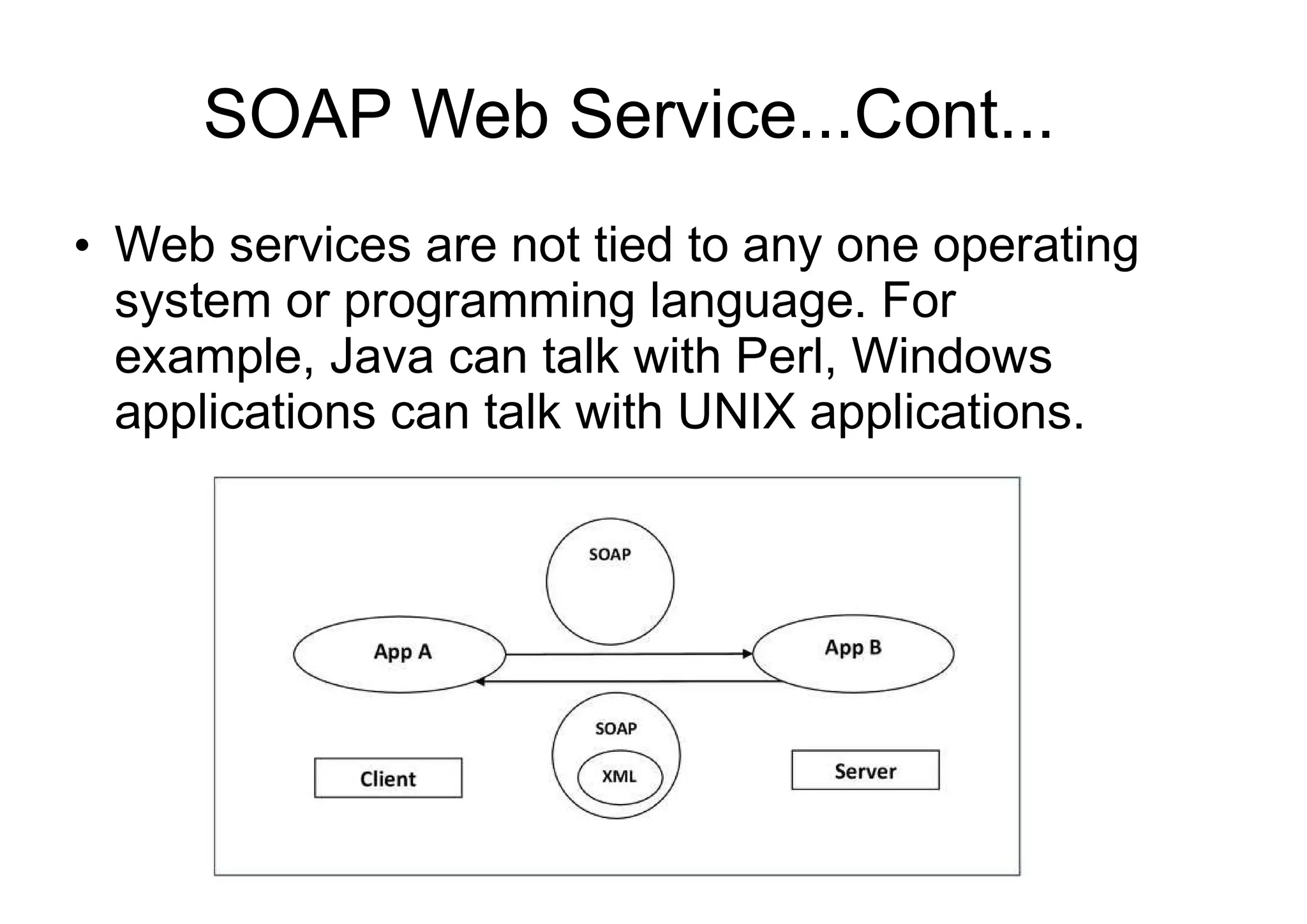 SOAP Web Service...Cont...
●
Web services are not tied to any one operating
system or programming language. For
example, Java can talk with Perl, Windows
applications can talk with UNIX applications.
 