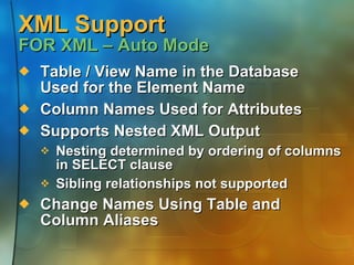 XML Support FOR XML – Auto Mode Table / View Name in the Database Used for the Element Name Column Names Used for Attributes Supports Nested XML Output Nesting determined by ordering of columns in SELECT clause Sibling relationships not supported Change Names Using Table and Column Aliases 