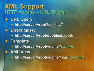 XML Support  HTTP Access – URL Types URL Query http://server/vroot?sql=“…” Direct Query http://server/vroot/dbobject/ xpath Template http://server/vroot/vname? params XML View http://server/vroot/vname/ xpath ? params 