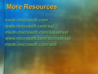 More Resources msdn.microsoft.com   www.microsoft.com/sql msdn.microsoft.com/sqlserver www.microsoft.com/technet/sql msdn.microsoft.com/xml 