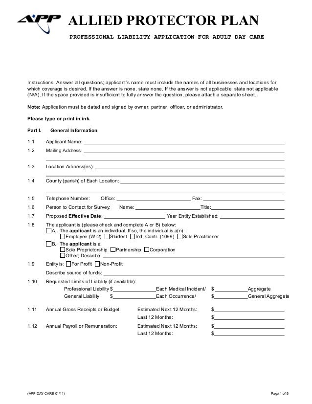 Professional Liability Insurance application for Adult day
