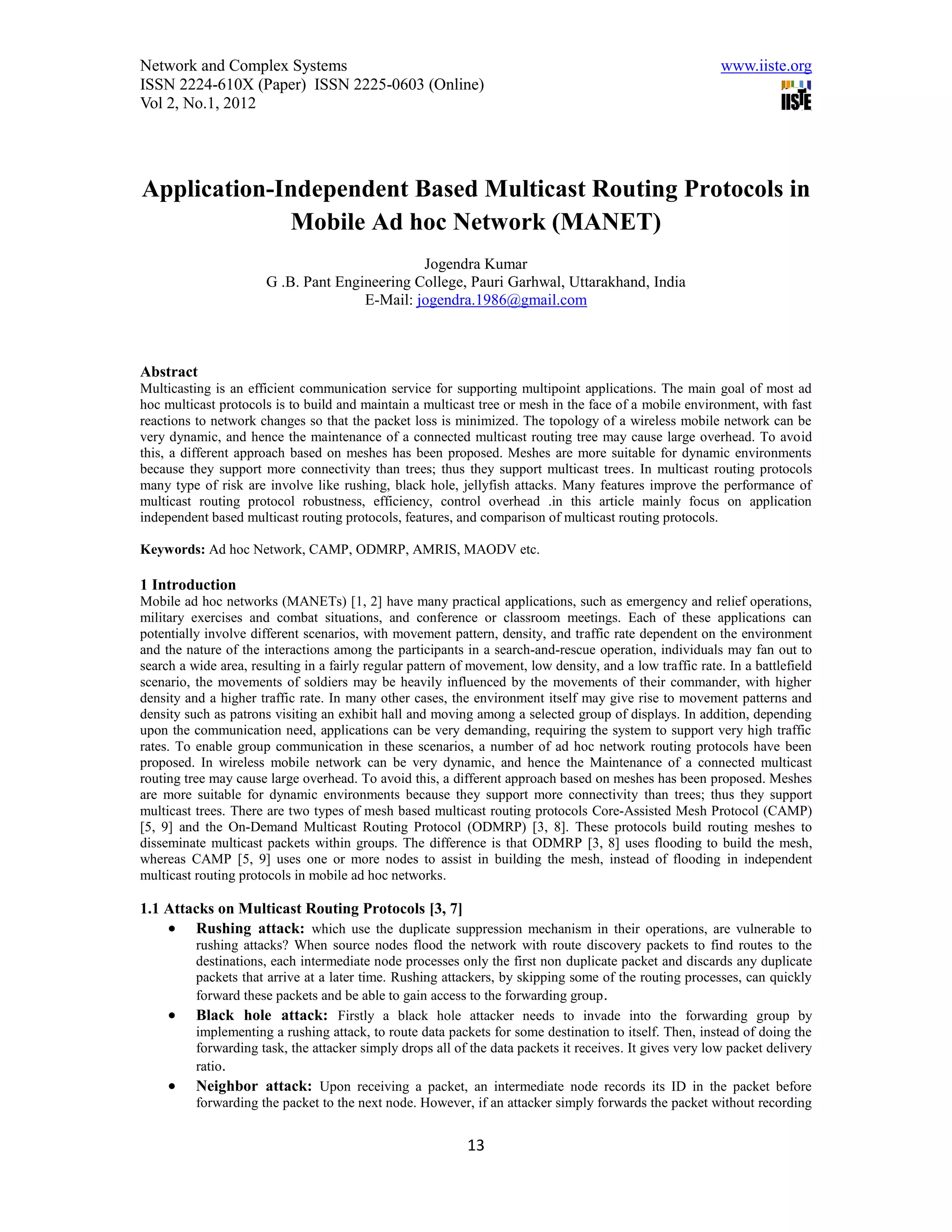 Application independent based multicast routing protocols in mobile ad ...