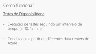 Como funciona?
Testes de Disponibilidade
• Execução de testes seguindo um intervalo de
tempo (5, 10, 15 min)
• Conduzidos a partir de diferentes data centers do
Azure
 