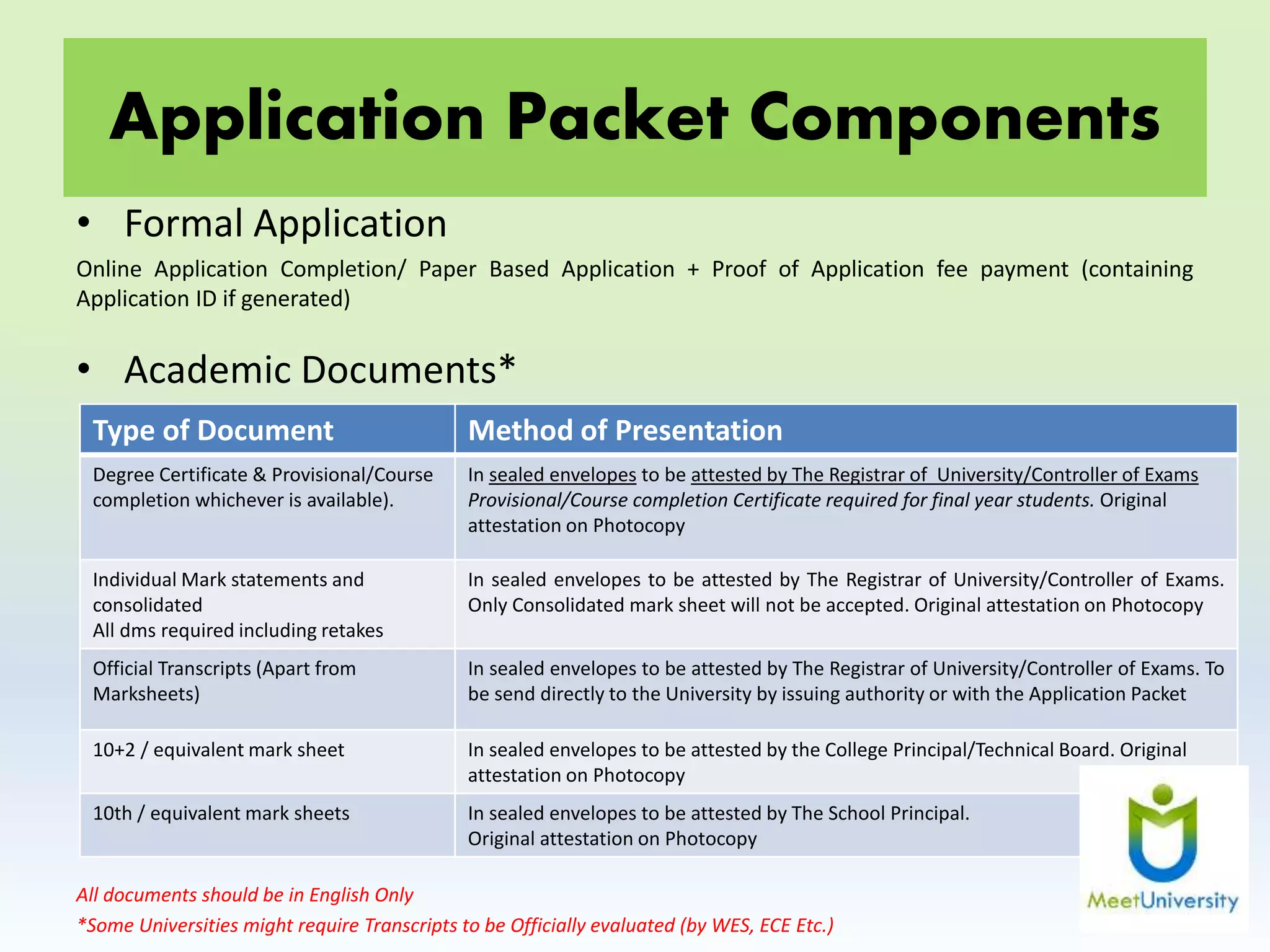 Application Packet Components
• Formal Application
Online Application Completion/ Paper Based Application + Proof of Application fee payment (containing
Application ID if generated)
• Academic Documents*
All documents should be in English Only
*Some Universities might require Transcripts to be Officially evaluated (by WES, ECE Etc.)
Type of Document Method of Presentation
Degree Certificate & Provisional/Course
completion whichever is available).
In sealed envelopes to be attested by The Registrar of University/Controller of Exams
Provisional/Course completion Certificate required for final year students. Original
attestation on Photocopy
Individual Mark statements and
consolidated
All dms required including retakes
In sealed envelopes to be attested by The Registrar of University/Controller of Exams.
Only Consolidated mark sheet will not be accepted. Original attestation on Photocopy
Official Transcripts (Apart from
Marksheets)
In sealed envelopes to be attested by The Registrar of University/Controller of Exams. To
be send directly to the University by issuing authority or with the Application Packet
10+2 / equivalent mark sheet In sealed envelopes to be attested by the College Principal/Technical Board. Original
attestation on Photocopy
10th / equivalent mark sheets In sealed envelopes to be attested by The School Principal.
Original attestation on Photocopy
 