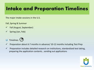 Intake and Preparation Timelines
The major intake sessions in the U.S.
Fall, Spring & Summer
 Fall (August, September)
 Spring (Jan, Feb)
 Timelines
 Preparation about 6-7 months in advance/ 10-12 months including Test Prep
 Preparation includes detailed research on institutions, standardized test taking,
preparing the application contents , sending out applications
 