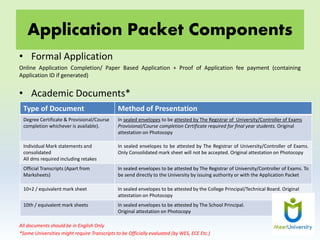 Application Packet Components
• Formal Application
Online Application Completion/ Paper Based Application + Proof of Application fee payment (containing
Application ID if generated)
• Academic Documents*
All documents should be in English Only
*Some Universities might require Transcripts to be Officially evaluated (by WES, ECE Etc.)
Type of Document Method of Presentation
Degree Certificate & Provisional/Course
completion whichever is available).
In sealed envelopes to be attested by The Registrar of University/Controller of Exams
Provisional/Course completion Certificate required for final year students. Original
attestation on Photocopy
Individual Mark statements and
consolidated
All dms required including retakes
In sealed envelopes to be attested by The Registrar of University/Controller of Exams.
Only Consolidated mark sheet will not be accepted. Original attestation on Photocopy
Official Transcripts (Apart from
Marksheets)
In sealed envelopes to be attested by The Registrar of University/Controller of Exams. To
be send directly to the University by issuing authority or with the Application Packet
10+2 / equivalent mark sheet In sealed envelopes to be attested by the College Principal/Technical Board. Original
attestation on Photocopy
10th / equivalent mark sheets In sealed envelopes to be attested by The School Principal.
Original attestation on Photocopy
 