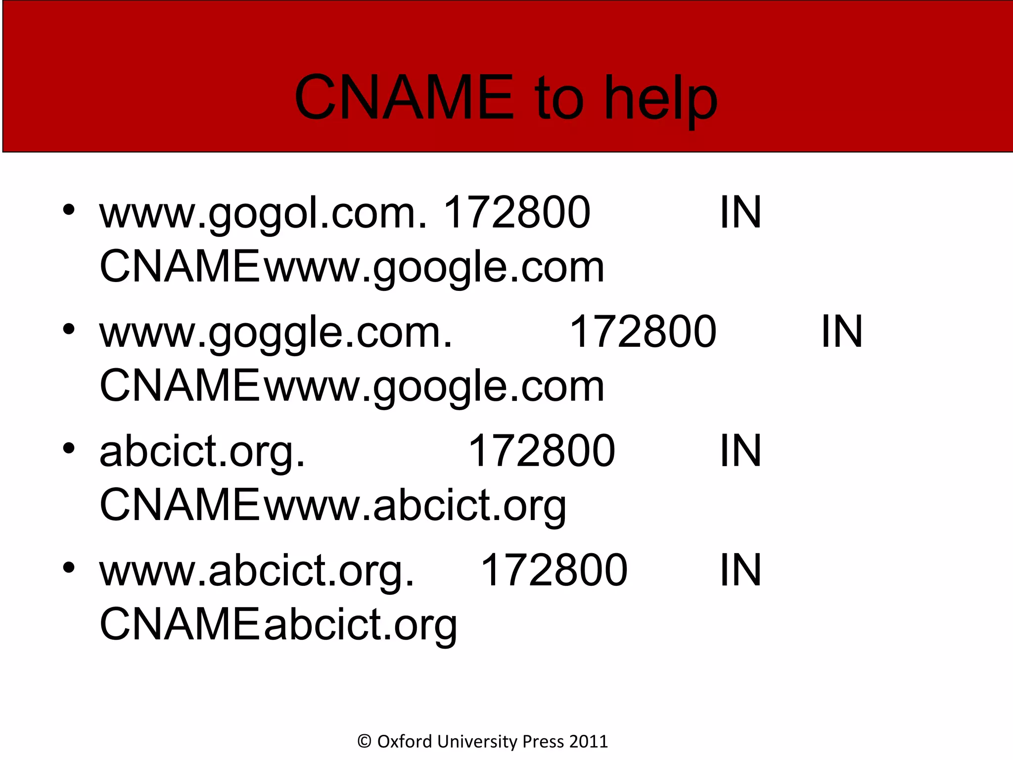 © Oxford University Press 2011 CNAME to help • www.gogol.com. 172800 IN CNAMEwww.google.com • www.goggle.com. 172800 IN CNAMEwww.google.com • abcict.org. 172800 IN CNAMEwww.abcict.org • www.abcict.org. 172800 IN CNAMEabcict.org 
